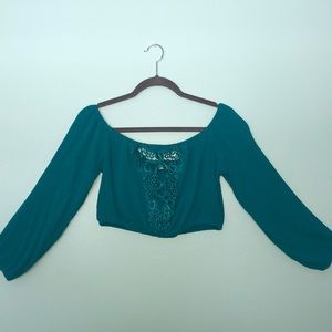 Tobi Lace Front Cropped Long Sleeve Blouse
